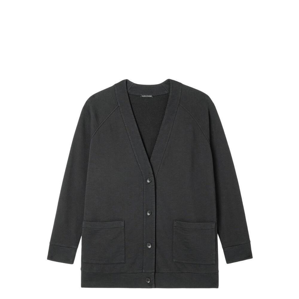 Eileen Fisher Terry Long Cardigan NWOT L Black Organic Cotton Quiet Luxury lagen